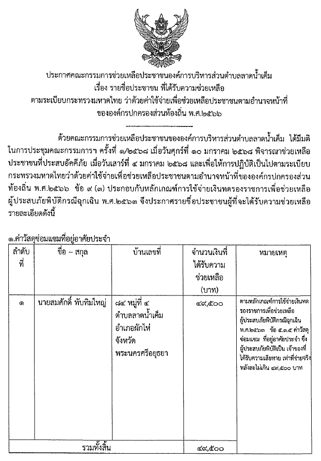 Read more about the article ประกาศคณะกรรมการช่วยเหลือประชาชนองค์การบริหารส่วนตำบลลาดน้ำเค็มเรื่อง รายชื่อประชาชน ที่ได้รับความช่วยเหลือตามระเบียบกระทรวงมหาดไทย ว่าด้วยค่าใช้จ่ายเพื่อช่วยเหลือประชาชนตามอำนาจหน้าที่ขององค์กรปกครองส่วนท้องถิ่น พ.ศ.๒๕๖๖